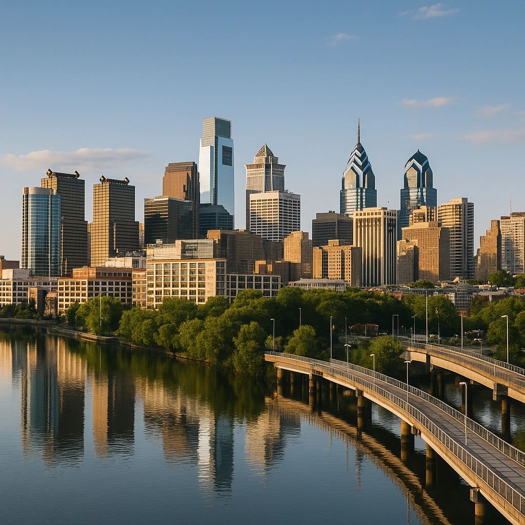 The Philadelphia skyline at golden hour seen across the Schuylkill River